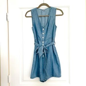 Soft, denim romper. Size xs. Tie belt. Rails brand.